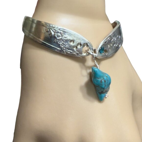Handcrafted Tudor Silver Fork Bracelet With Turquoise Charm & Floral Engraving - Picture 2 of 14